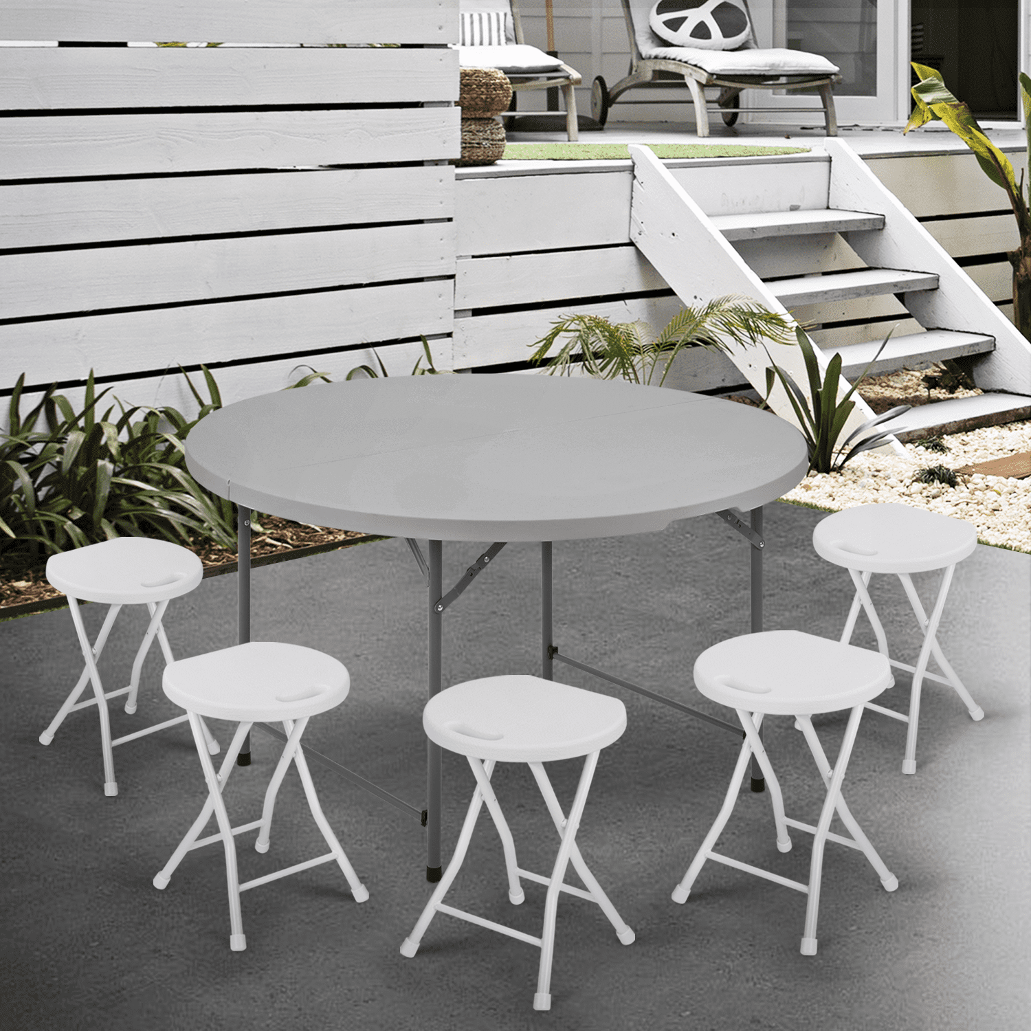 Magshion 5Ft Round Bi-Fold Plastic Table， Metal Frame Indoor Outdoor 60 Inch Folding Desk for Kitchen Party Wedding， Gray， 60 in ， 60 in