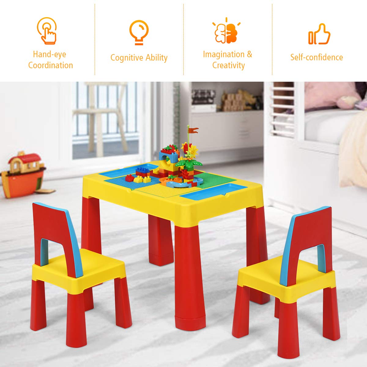 Costzon 7 in 1 Kids Table and 2 Chair Set, Children Building Block Table with Storage