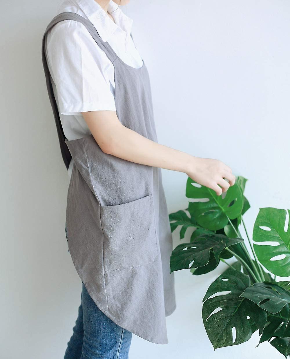 Japanese Linen Cross Back Kitchen Cooking Aprons For Women With Pockets Cute For Baking Painting Gardening Cleaning Gray