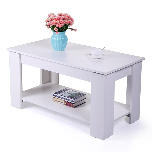 Lift Top Coffee Table with Hidden Compartment and Open Shelf ， White