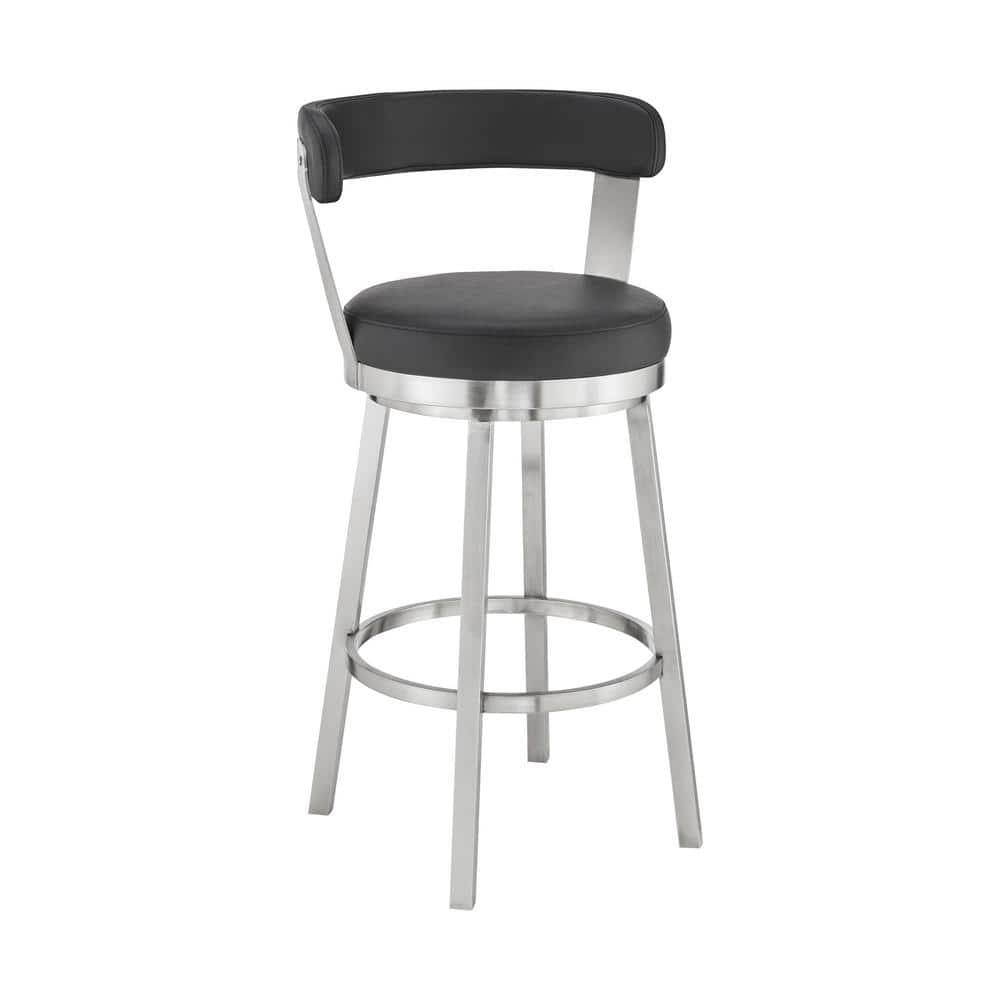 Armen Living Kobe 30 in. Bar Height Low Back Swivel Bar Stool in Brushed Stainless Steel and Black Faux Leather 721535761791