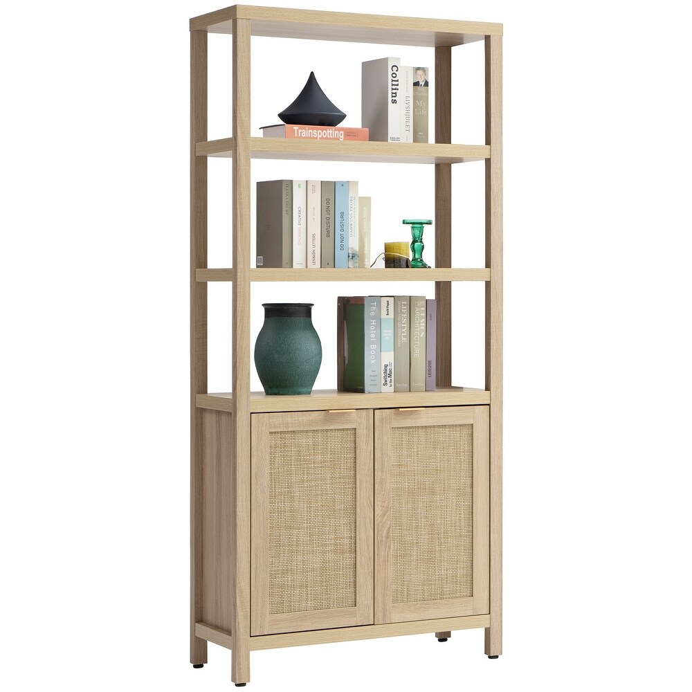 SICOTAS 5 Tier Adjustable Bookshelf with Rattan Storage Cabinet