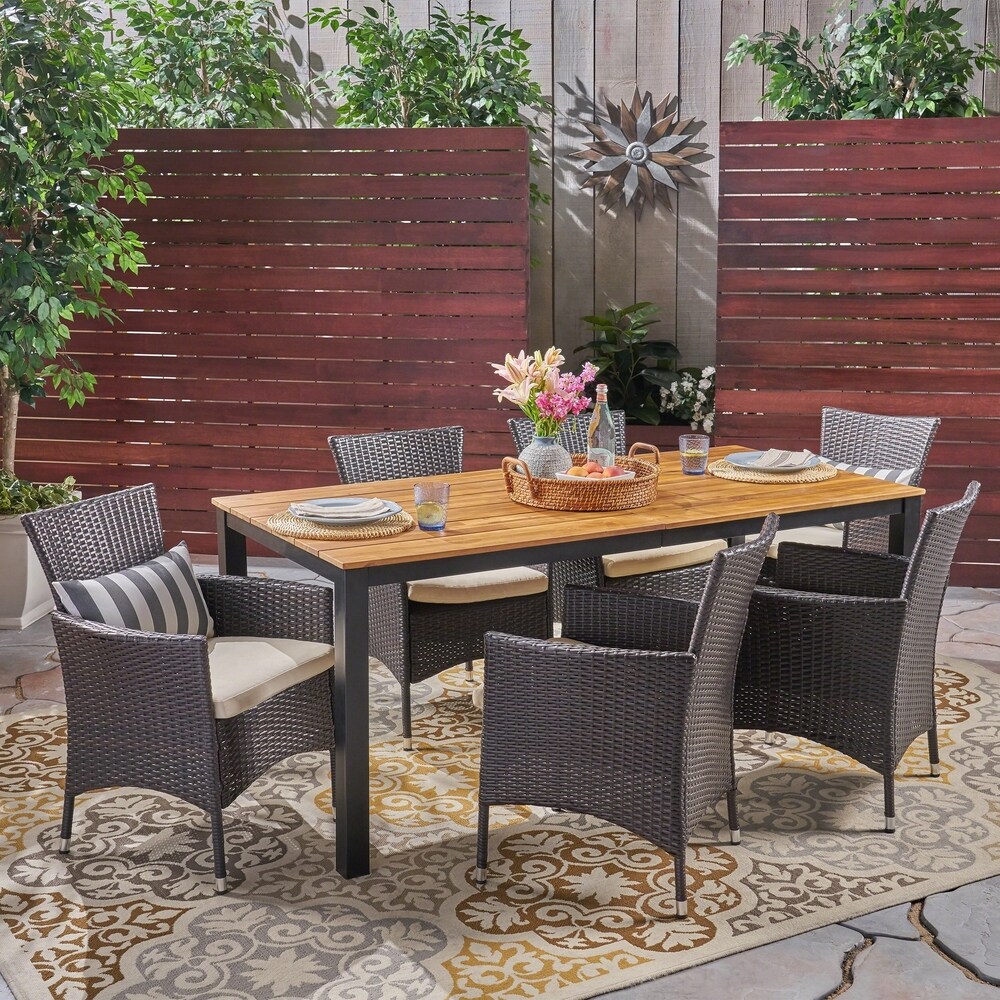 Dane Outdoor 7 Piece Acacia Wood Dining Set with Wicker Chairs by Christopher Knight Home