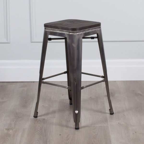 (Set of 2) Williston Modern Industrial Elm Wood Seat Counter 26” Backless Stool