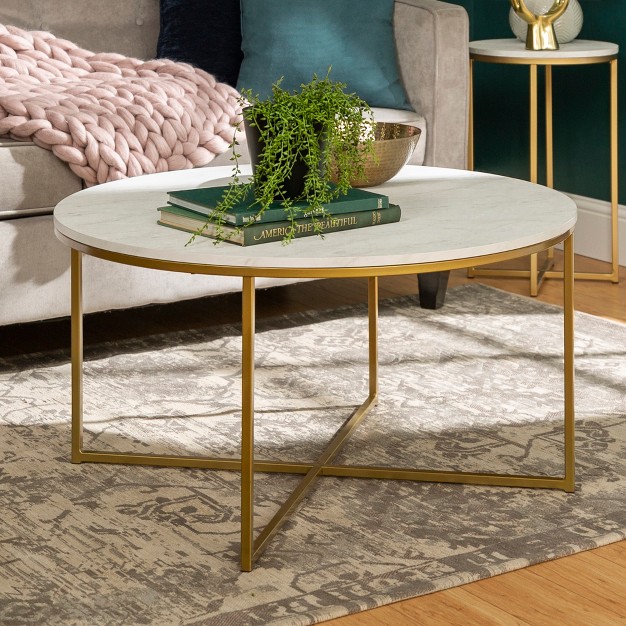 Vivian Glam X Leg Round Coffee Table Faux Marble Saracina Home