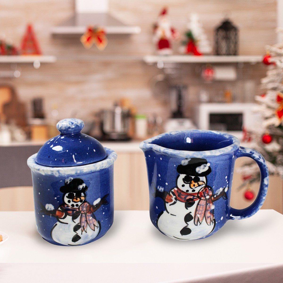 Creamer and Sugar Set Snowman Blue Ceramic Debra Kelly Renovators Supply