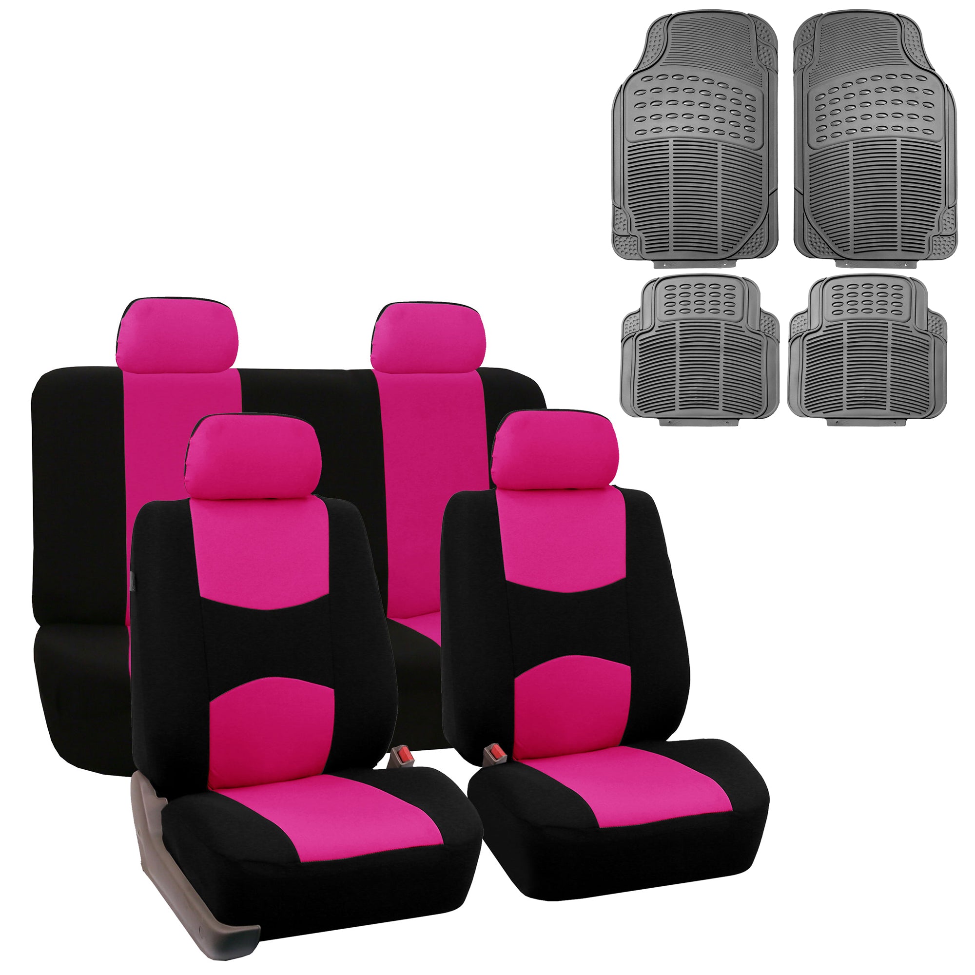 FH Group Cloth Solid Bench Seat Cover， Full Set with Gray Heavy Duty Floor Mats， Pink Black