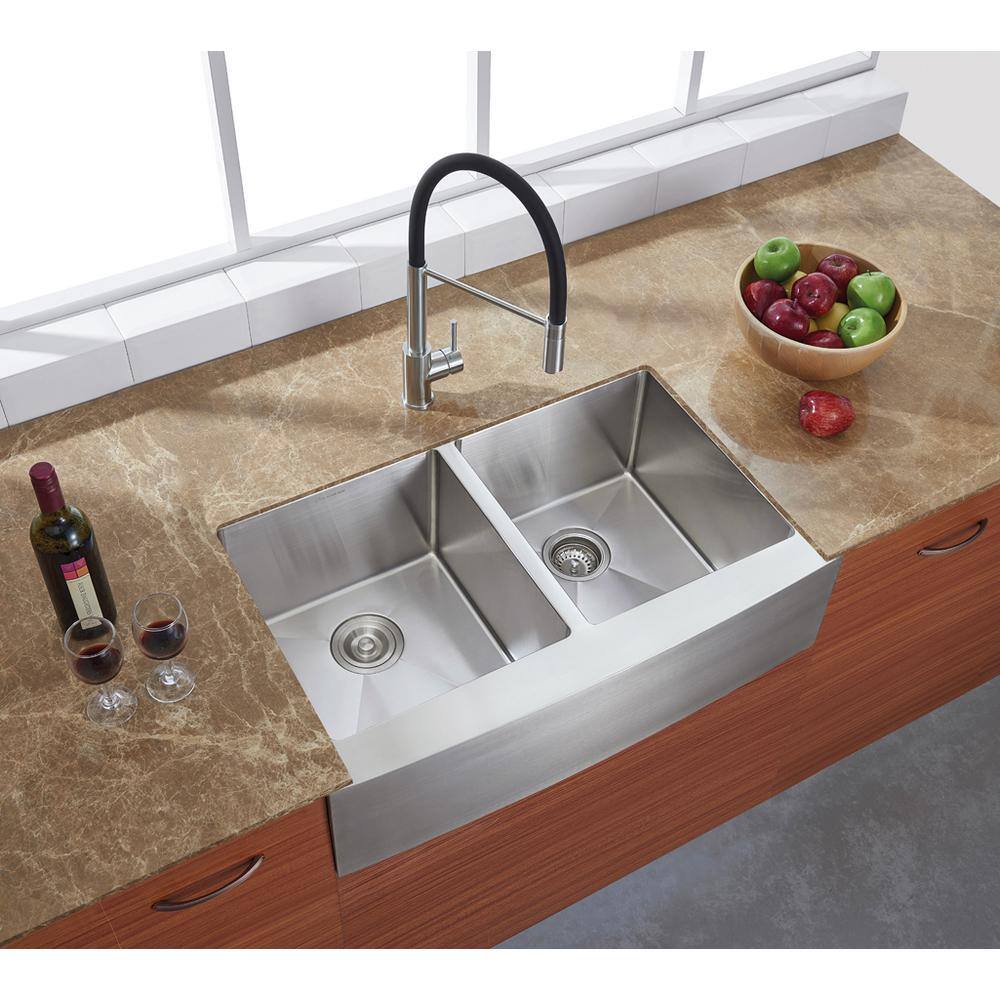 Glacier Bay Professional 33 in. Farmhouse Apron-Front 16 Gauge 5050 Double Bowl Stainless Steel Kitchen Sink with Accessories 4126F