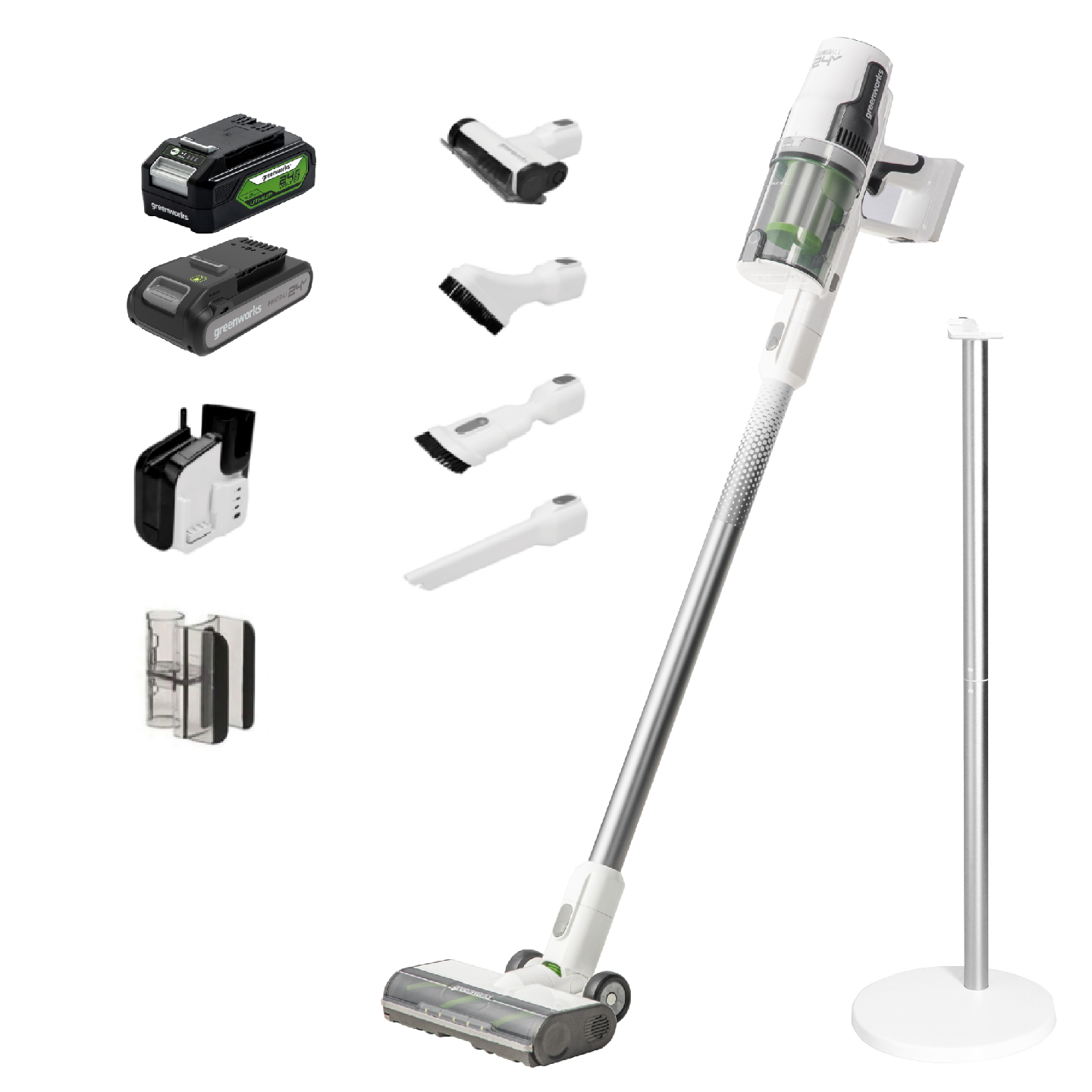 24V White Cordless Stick Vacuum Bundle | Greenworks Tools