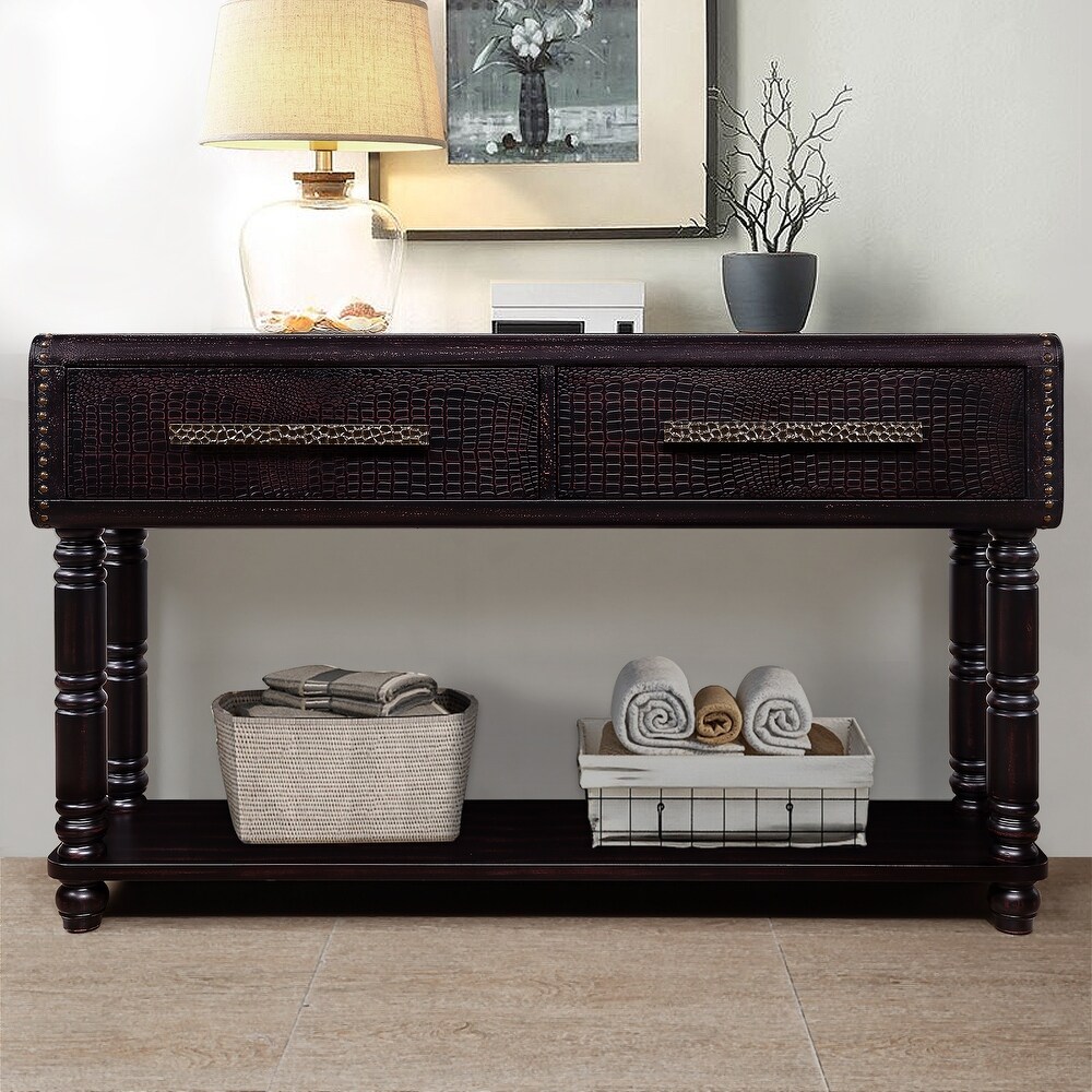 Imitation Crocodile Skin Apperance Sofa Table Wood Console Table with Two Drawers  2 Power Outlets and 2 USB Ports