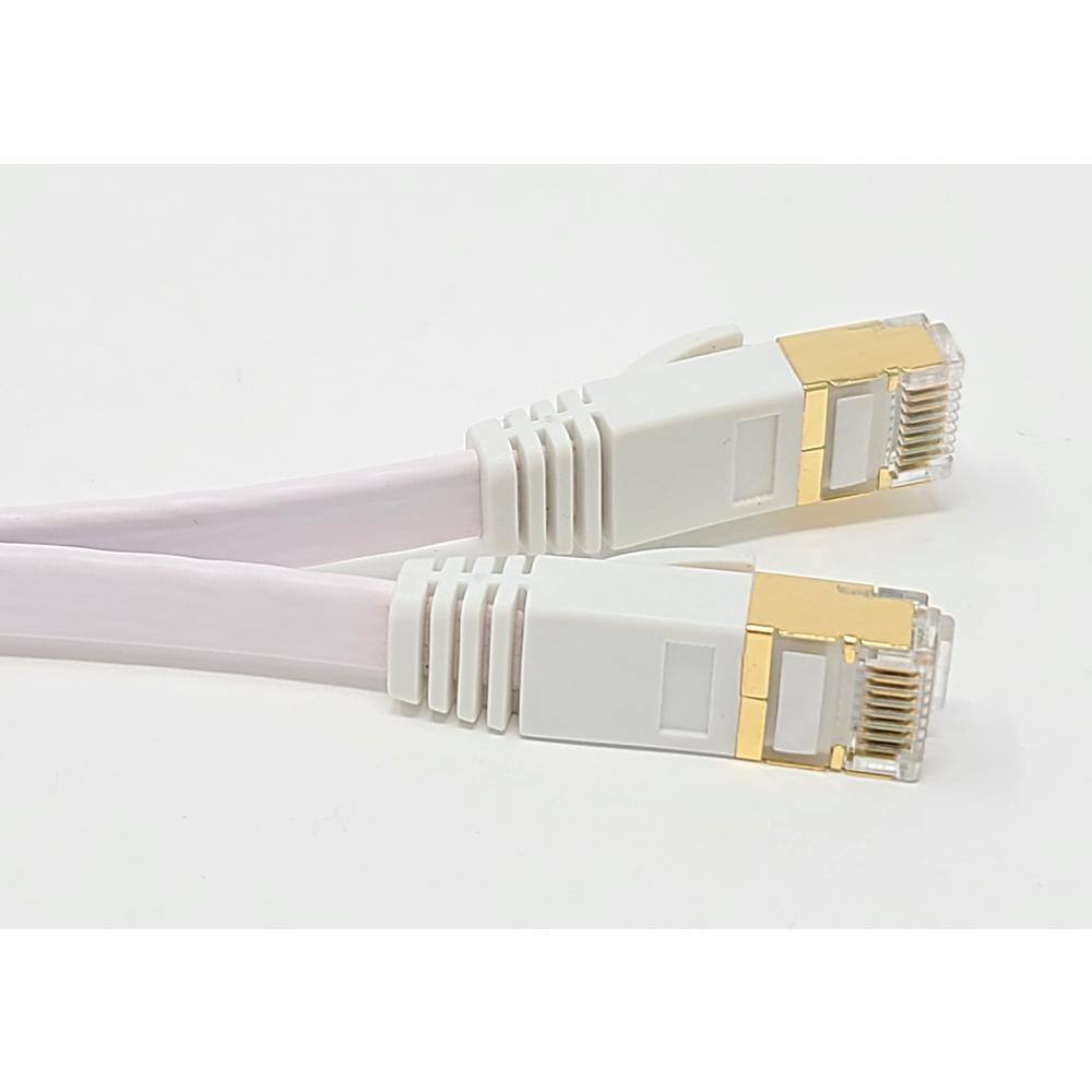 Micro Connectors Inc 50 ft. Cat 7 Shielded RJ45 Flat Patch 32 AWG Cable with Cable Clips White E11-050FL-W