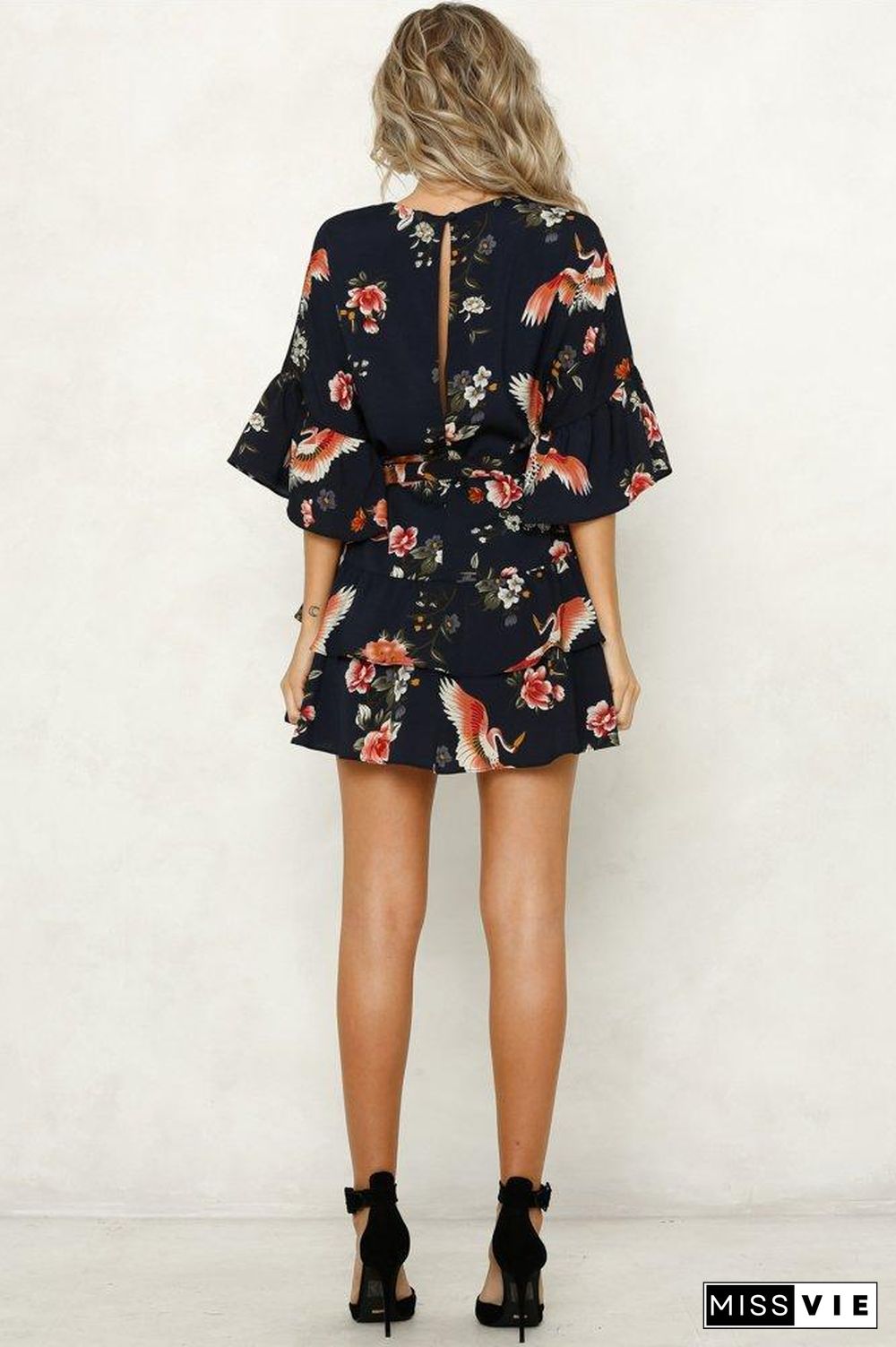 White 3/4 Length Sleeve Floral Pleated Hem Mini Dress