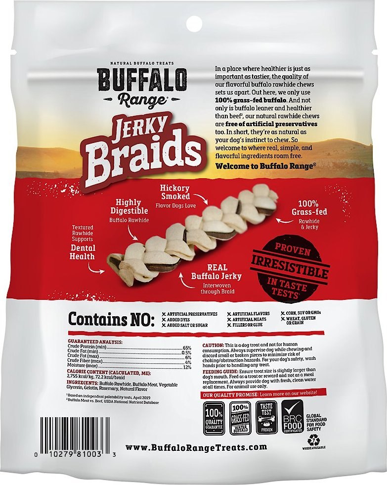 Buffalo Range All Natural Grain-Free Jerky Braid Rawhide Dog Treats