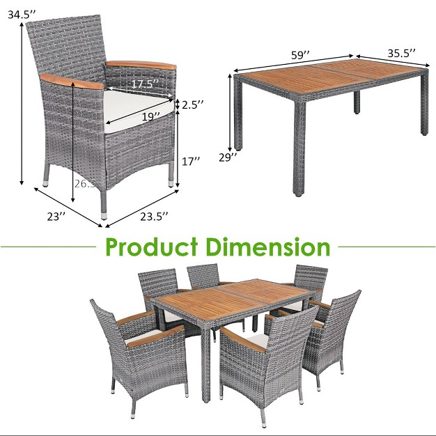 Costway 7pcs Patio Rattan Dining Set Acacia Wood Table Cushioned Chair Mix Gray