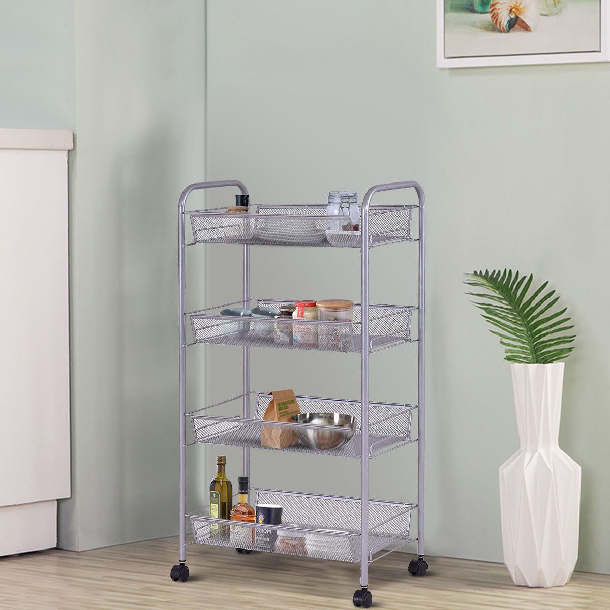 Costway 4 Tier Storage Rack Trolley Cart Home Kitchen Organizer Utility Baskets Silver Steel