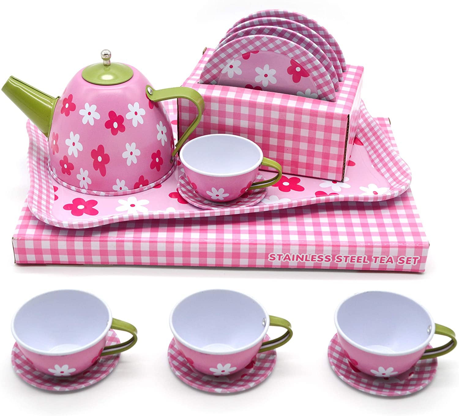 Jimmy'S Toys 15 Piece Stainless Steel Play Tea Set, Pink