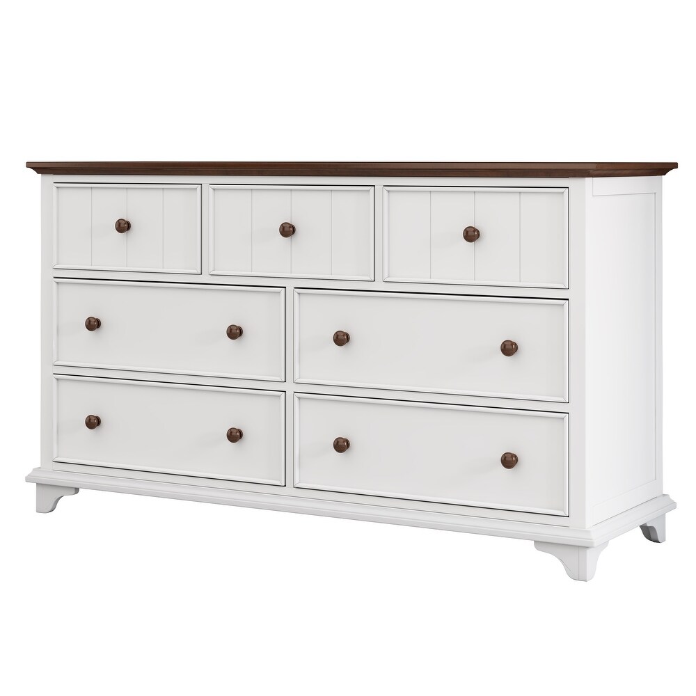 61inch Wooden 7 Drawer Dresser for Bedroom Living Room White+Walnut