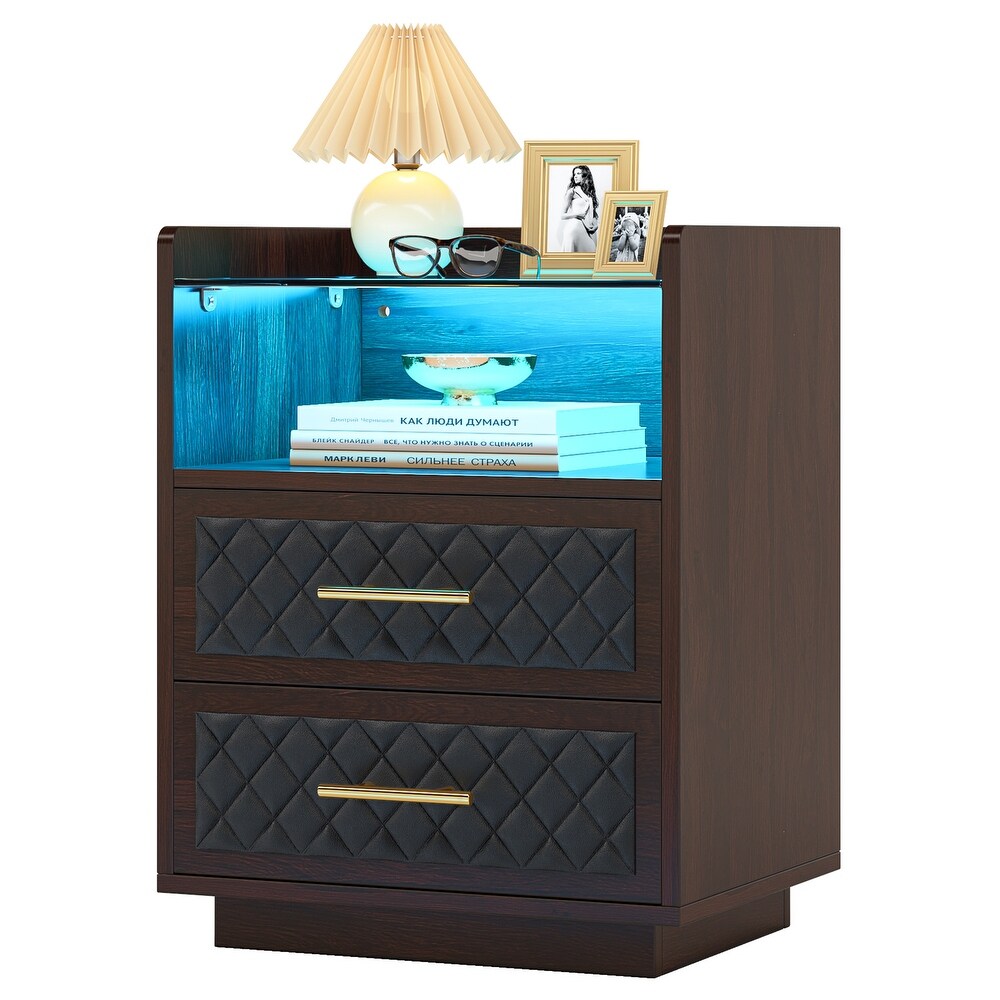 Nightstand with 2 Drawers  Modern Night Stand Accent End Table for Bedroom  Living Room  Walnut