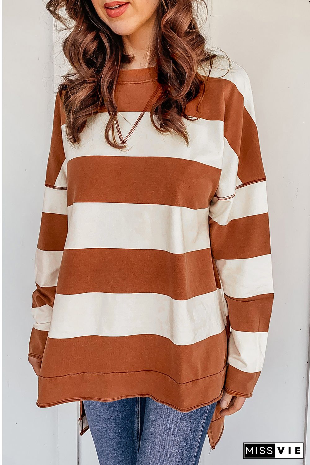 Brown Striped Drop Shoulder Pullover Sweatshirt