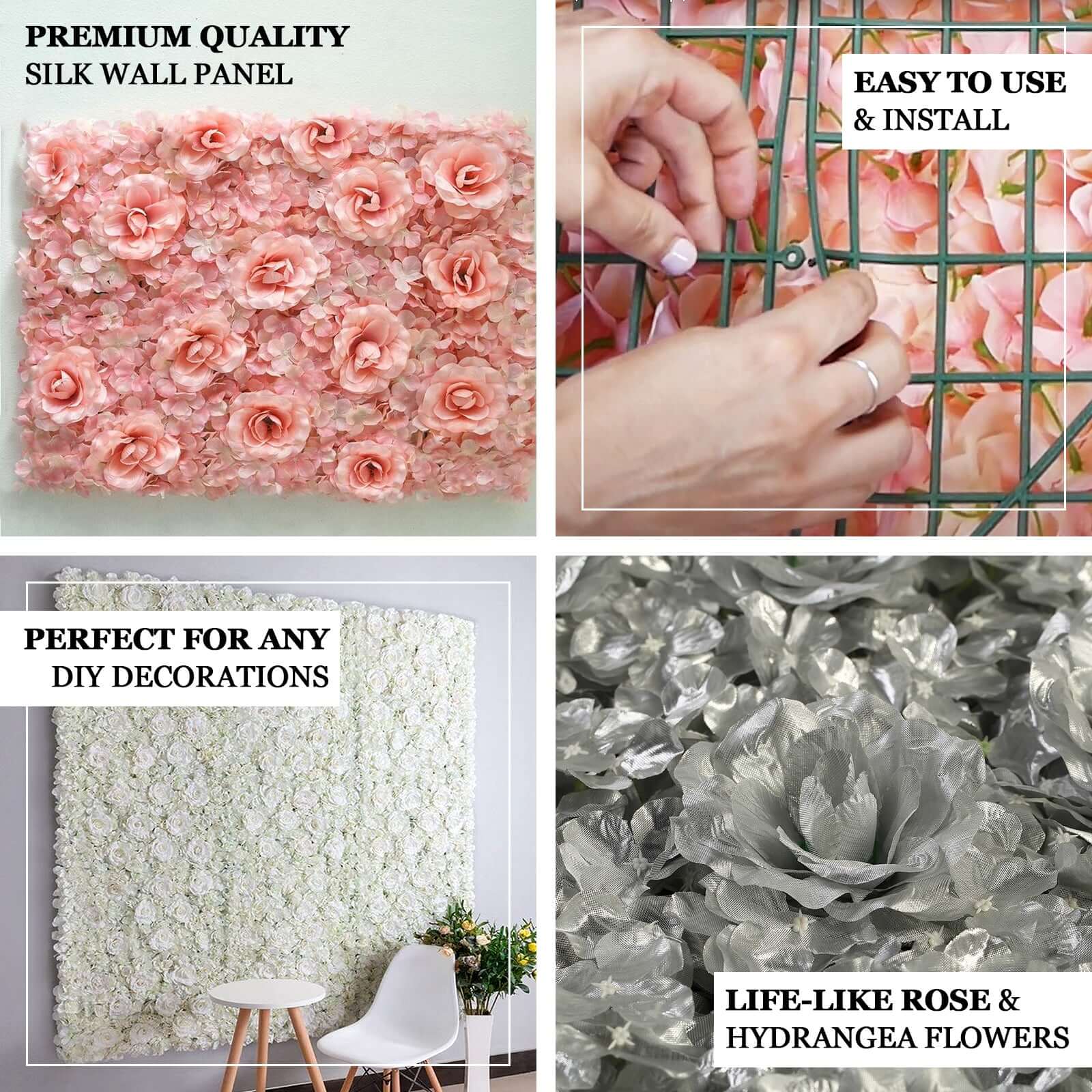 White 3D Silk Rose and Hydrangea Flower Wall Mat Backdrop - 4 Artificial Panels 11 Sq ft.