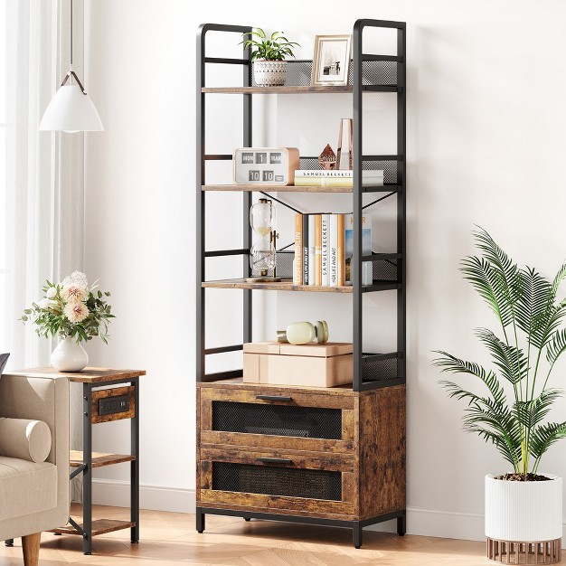 Trinity Bookshelf With Drawers Industrial Bookcase With 4 Tiers Open Storage Shelves For Bedroom Living Room Home Office Brown