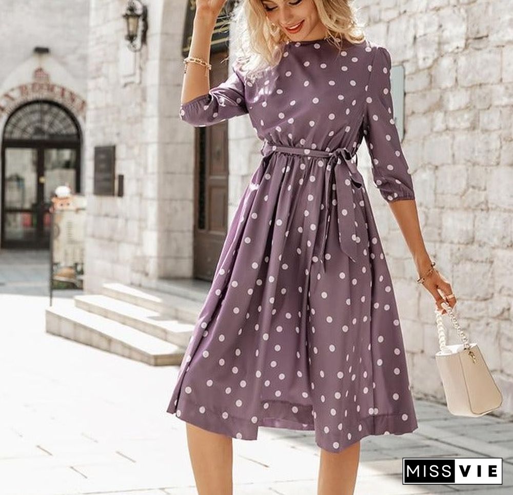 Elegant A-line polka dot women dress autumn Office lady o-neck belt women midi dresses Half sleeve female purple vestido