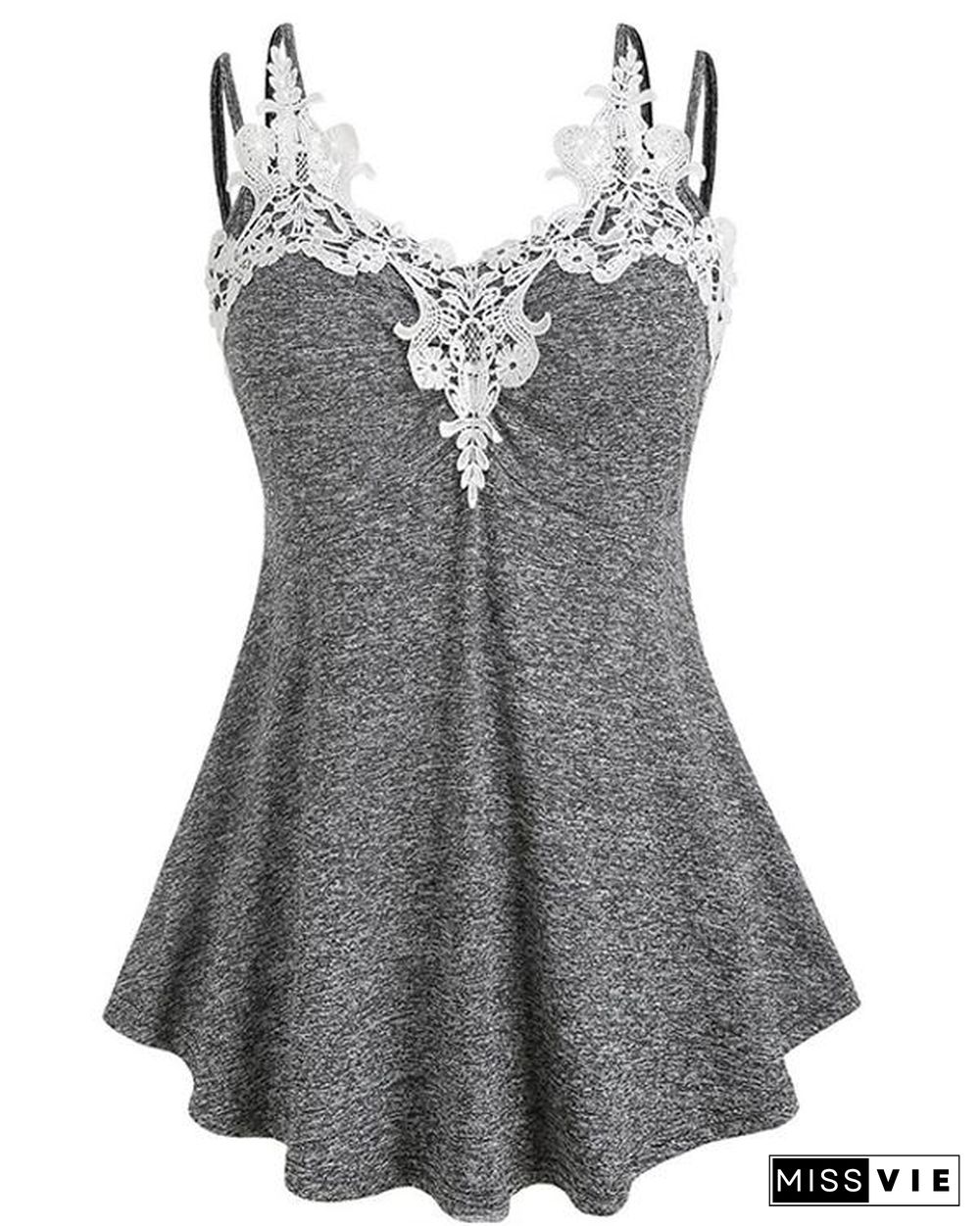 Solid Lace V-Neck Sleeveless Casual Tank Tops