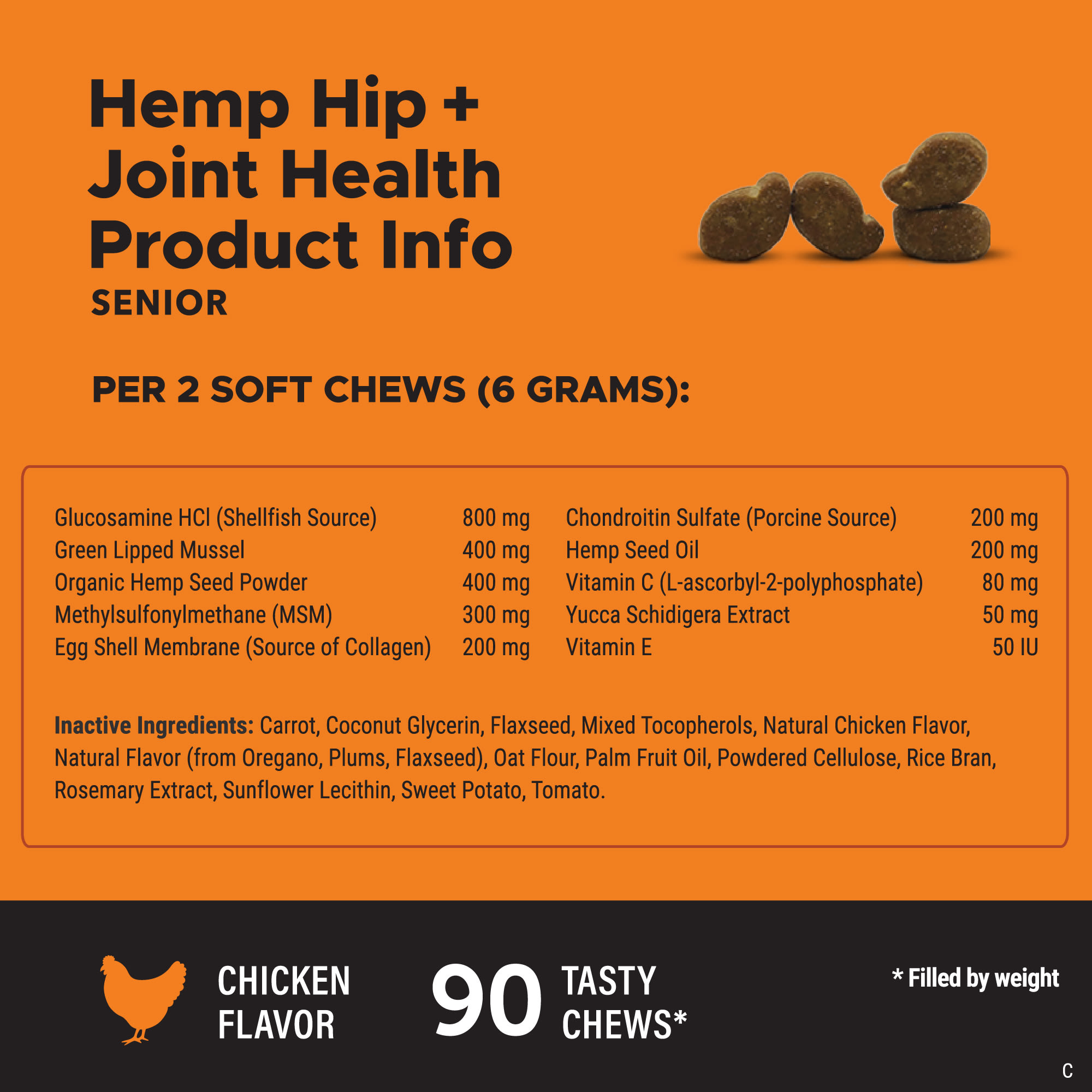 Pet Honesty Hemp Hip + Joint Health Senior Soft Chews for Dogs， Count of 90