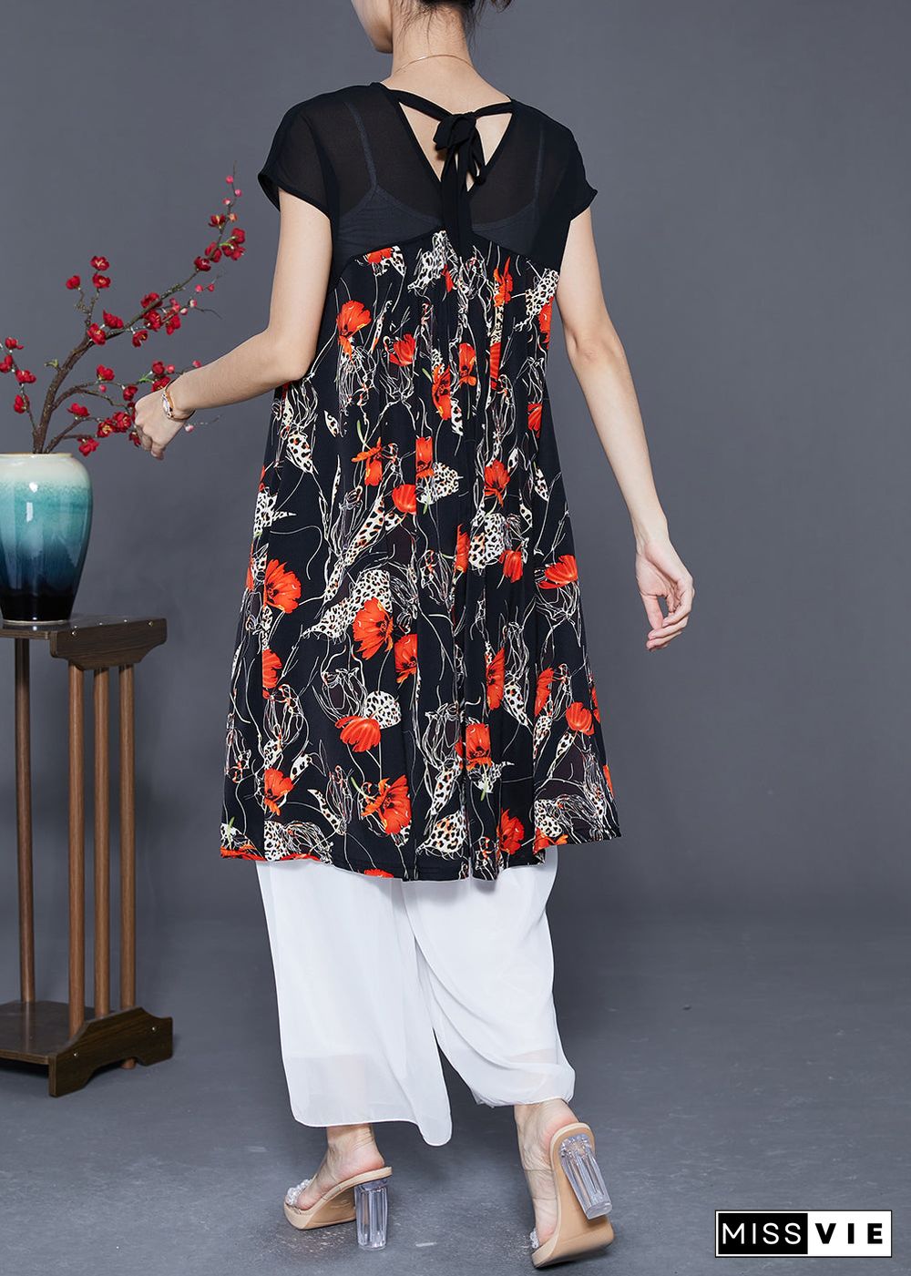 Women Red Floral Exra Large Hem Chiffon Maxi Dresses Summer