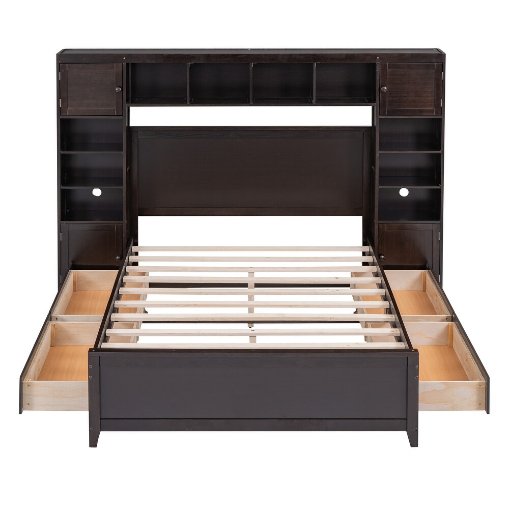 Full Wooden Bed With  in One Cabinet  Shelf   4 Drawers  Espresso