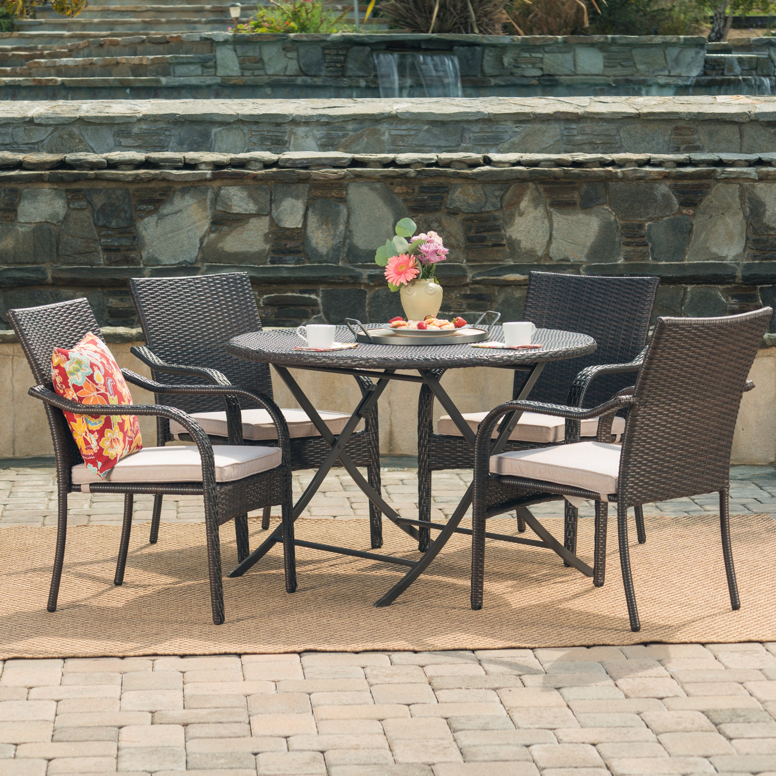 Toluca Outdoor 5 Piece Foldable Table and Stacking Chair Wicker Dining Set