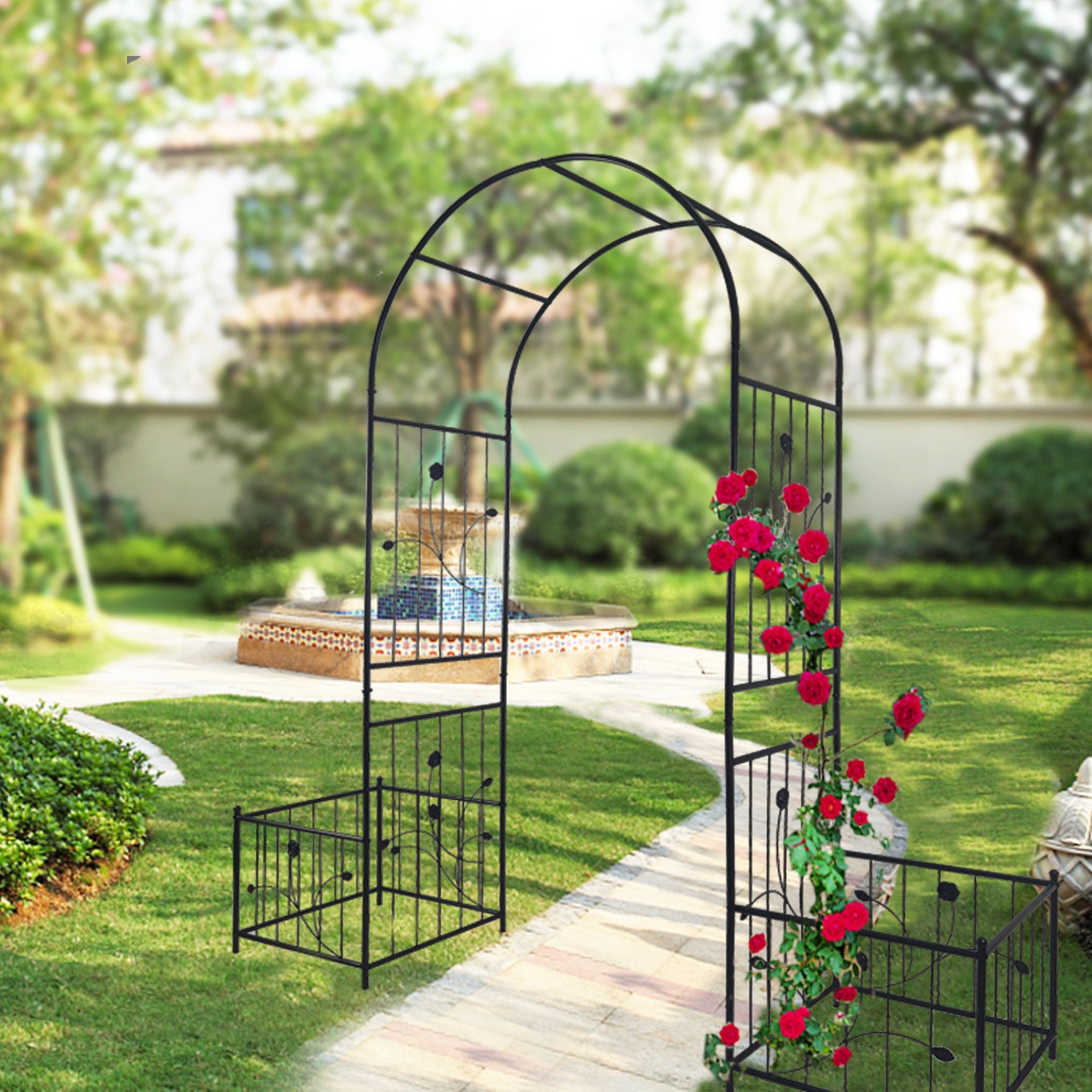 Metal Garden Arch, Garden Arbor with Plant Stand, Climbing Vine Black Frame for Outdoor Wedding