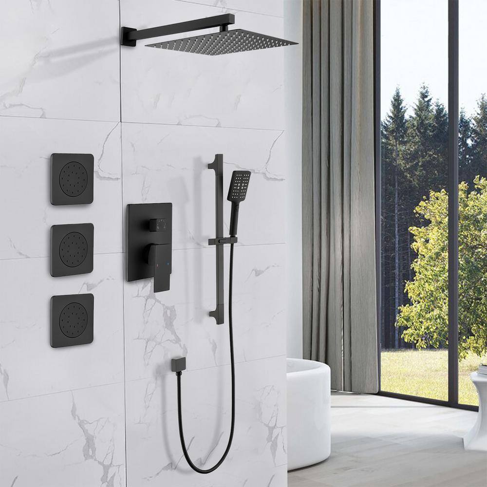 FORCLOVER 3-Spray Square High Pressure Deluxe Wall Bar Shower Kit with Slide Bar and 3-Body Spray in Matte Black FRIMFTHS09MB