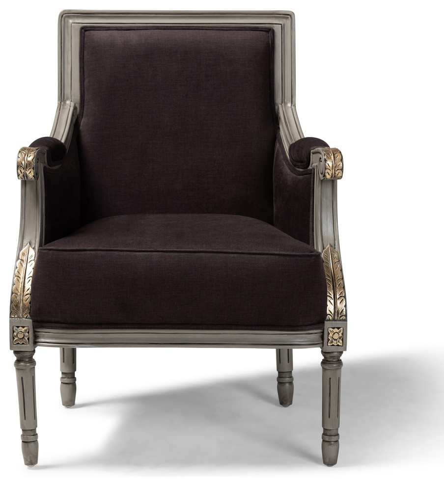 Llorr French Brown Velvet Upholstered Armchair With Goldleaf  Brown/Gray/Gold   Traditional   Armchairs And Accent Chairs   by Baxton Studio  Houzz