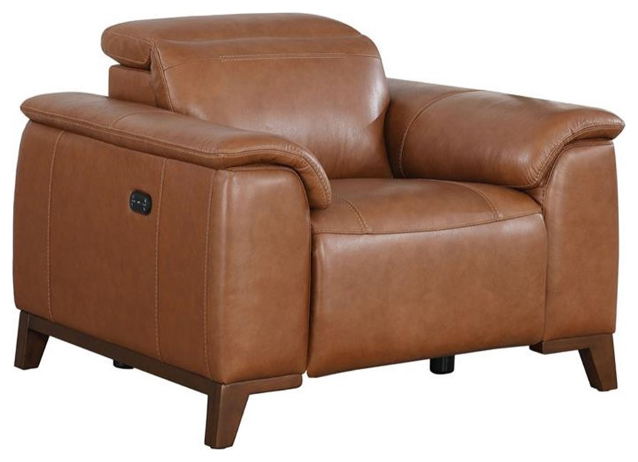 Bowery Hill Modern Coach Brown Top Grain Leather Power Reclining Chair   Contemporary   Recliner Chairs   by Homesquare  Houzz