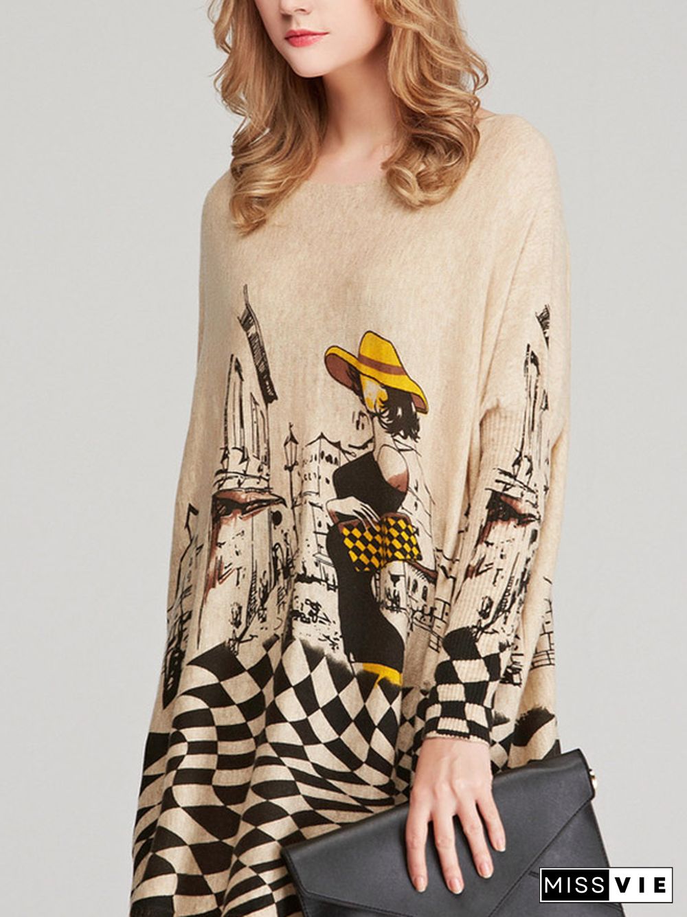 Vintage Loose Printed Split-Joint Sweater