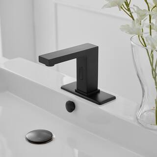 BWE DC Powered Commercial Touchless Single Hole Bathroom Faucet With Deck Plate And Pop Up Drain In Matte Black A-918108-B-2