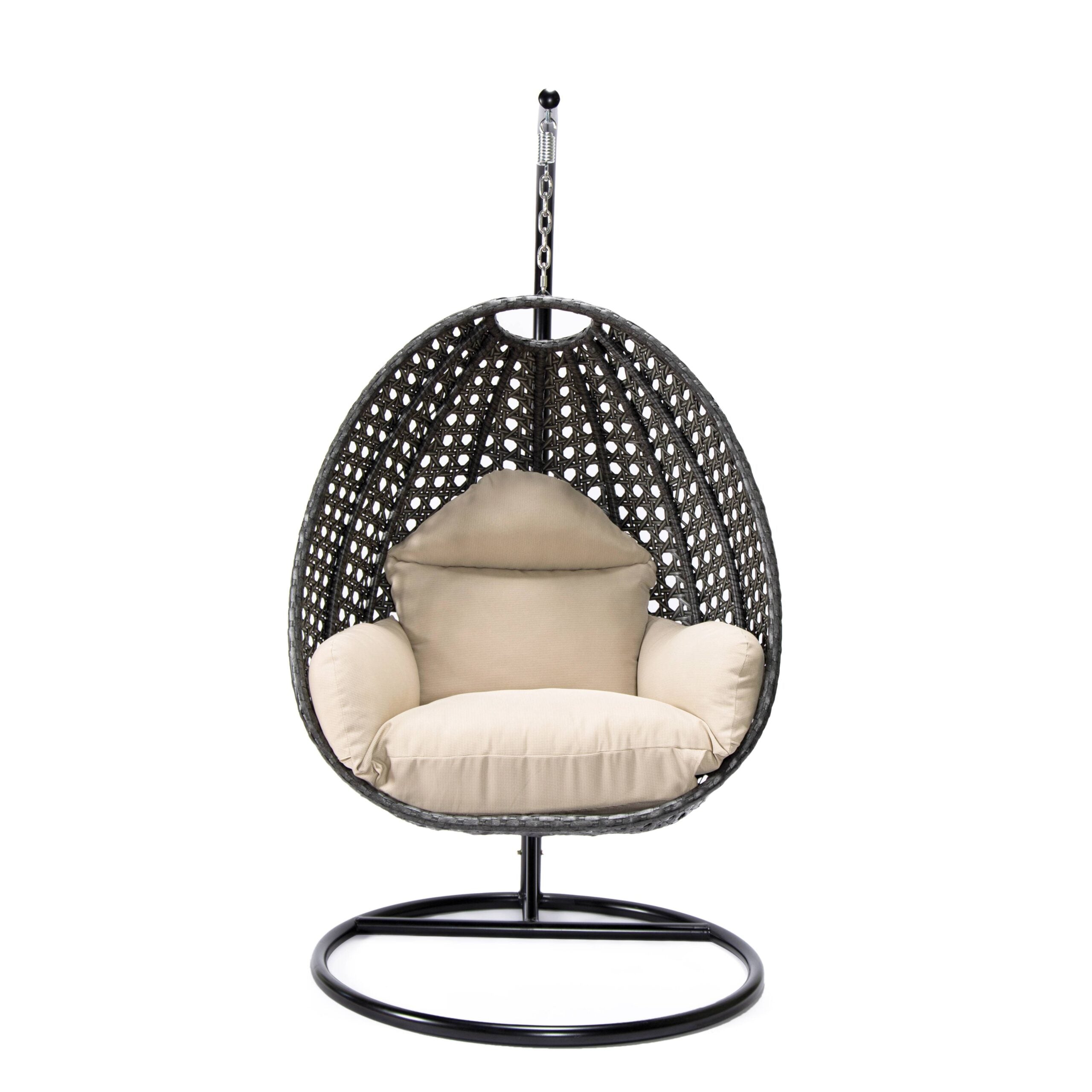 LeisureMod Charcoal Wicker Indoor Outdoor Bedroom Patio Hanging Egg Swing Chair with Stand and Cushion Beige