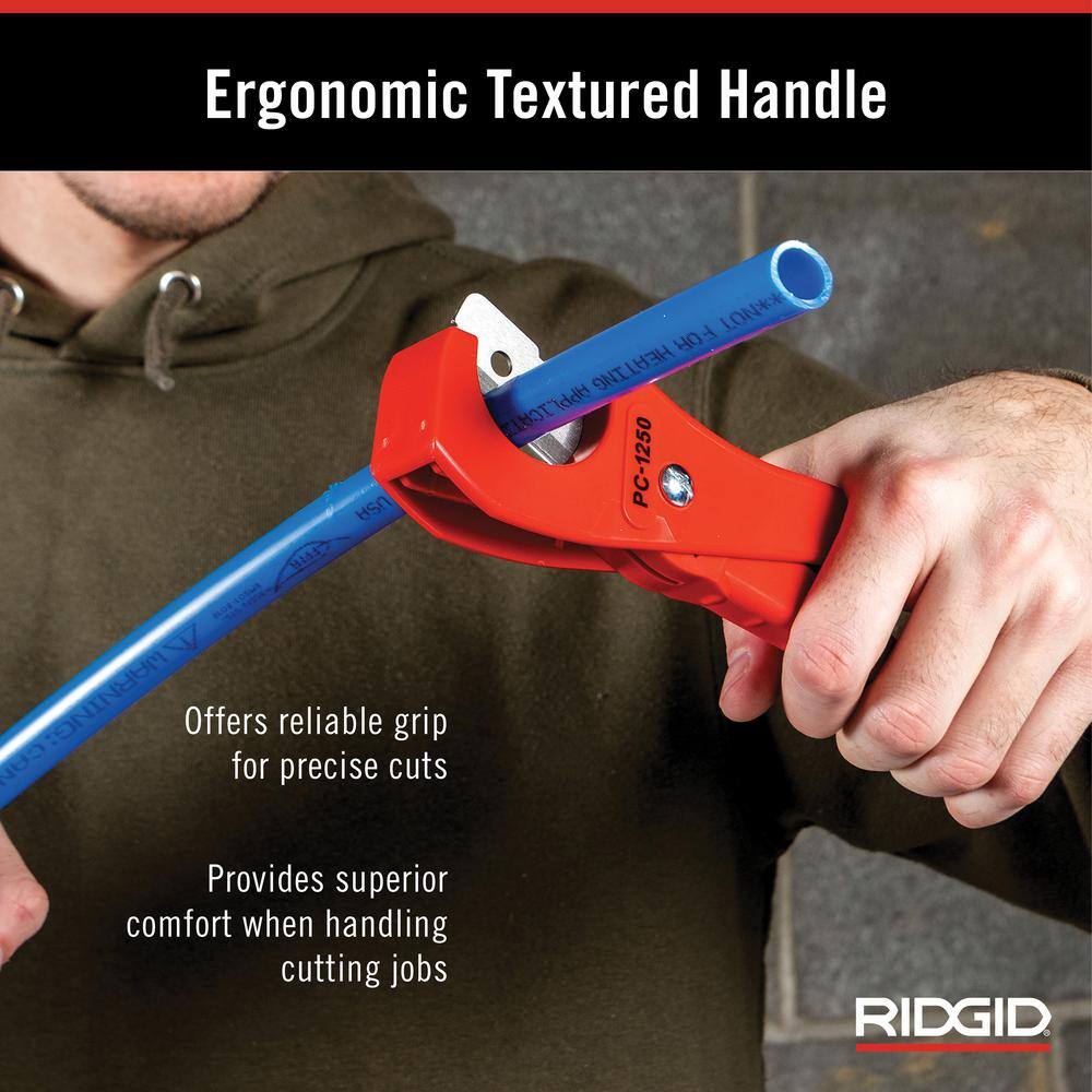 RIDGID 18 in. - 1-58 in. PC-1250 PEX and Vinyl Tubing Cutting Tool Single Stroke Scissor Style Cut with Reversible Blade 23488