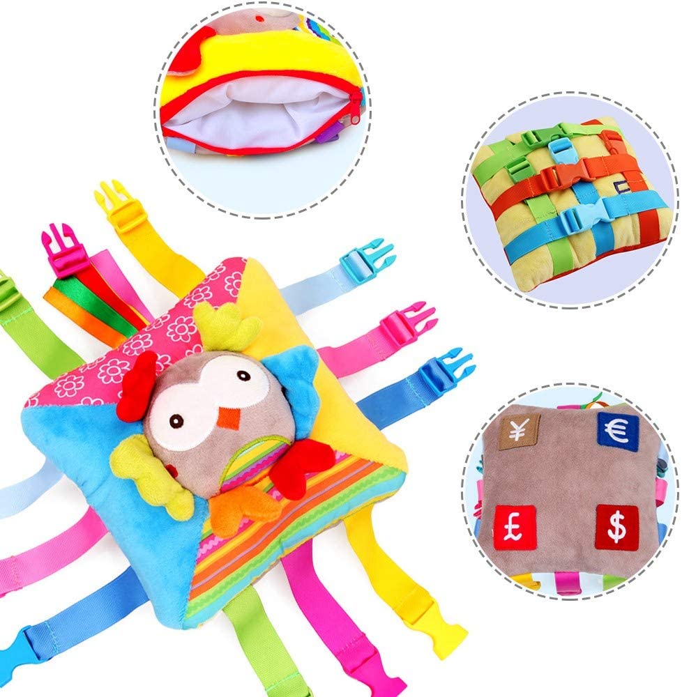 Sensory Pillow Toys for Toddlers， Activity Learning Fine Motor Skill Travel Toy with Buckle for Baby Kid Children Built-in Bell Plush Counting Numbers Buckles (Owl-Crinkle Paper)