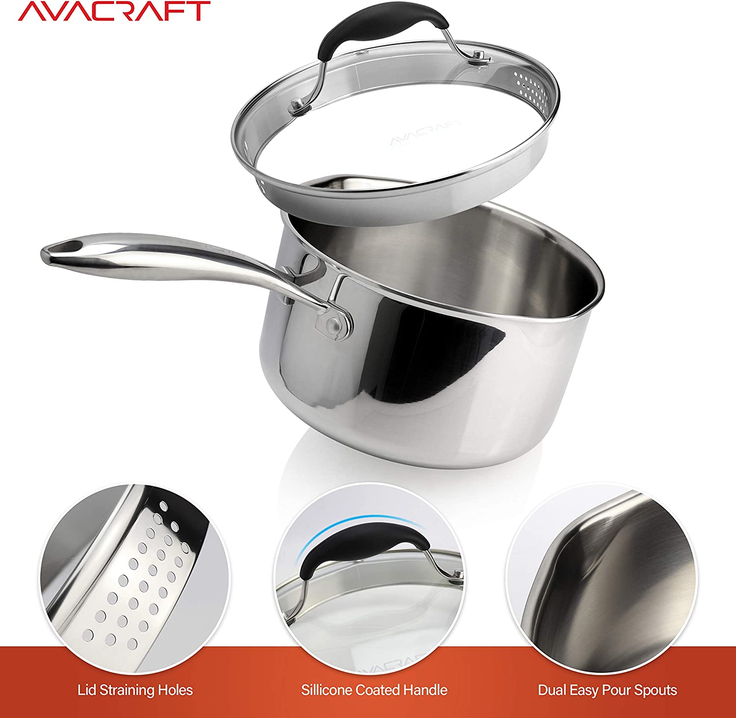 AVACRAFT Tri-Ply Stainless Steel Saucepan with Glass Strainer Lid， Two Side Spouts， Multipurpose Sauce Pan with Lid， Sauce Pot， Cooking Pot (Tri-Ply Full Body， 3.5 Quart)