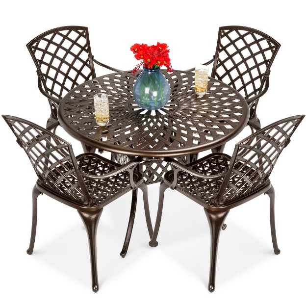 Best Choice Products 5 piece All weather Cast Aluminum Patio Dining Set W Chairs Umbrella Hole Lattice Weave Design