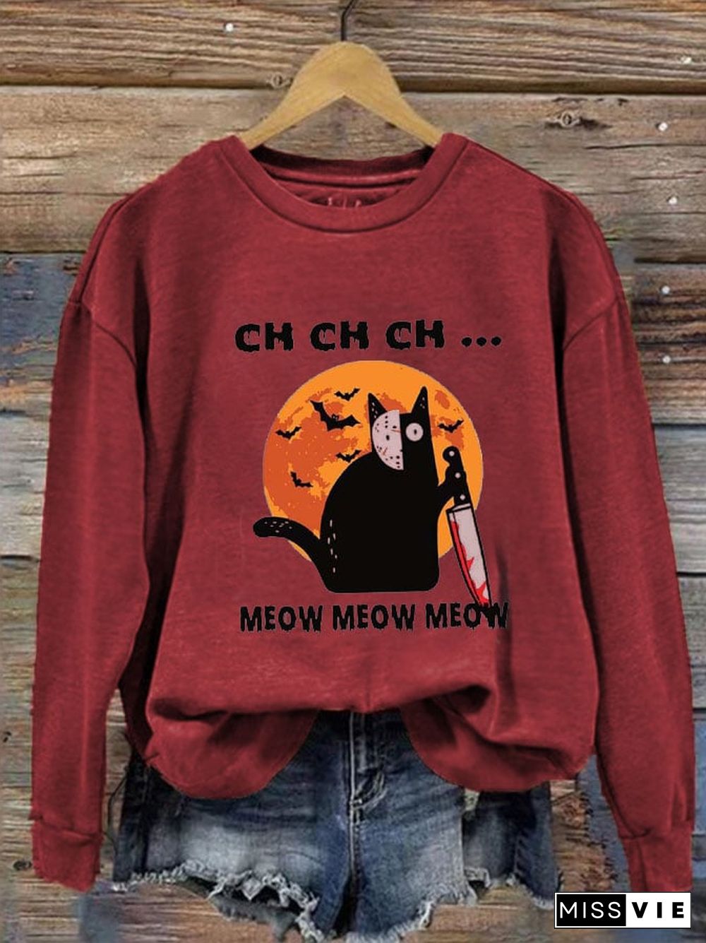 Women's Halloween Bats Black Cat Prnted Sweatshirt