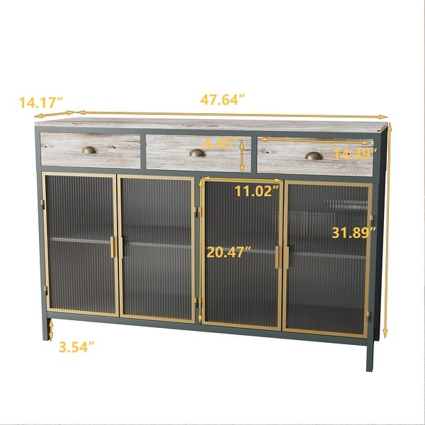 4 Glass Doors Modern Sideboard with 3 Top Drawers， Freestanding Sideboard