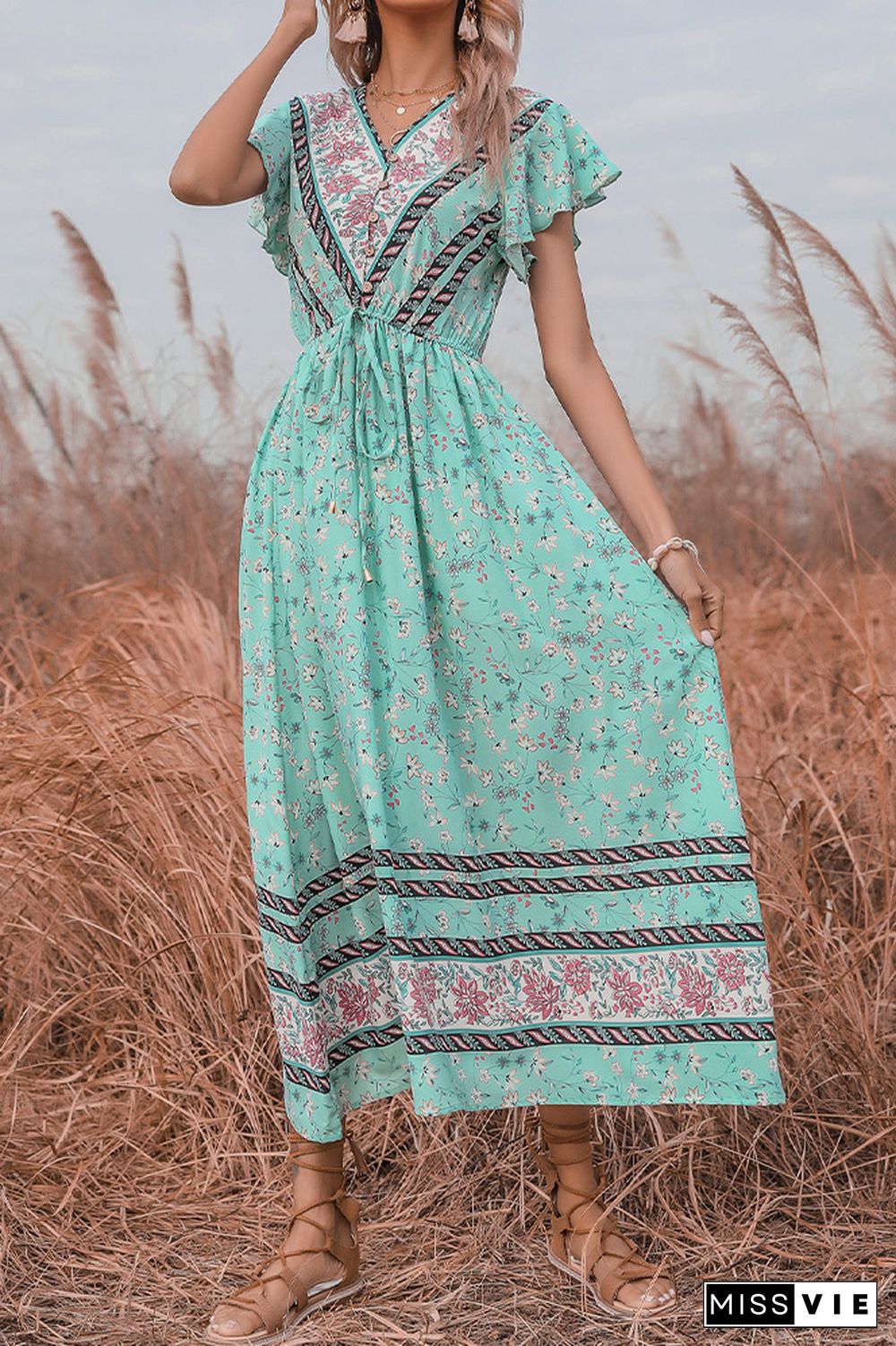 V Neck Ruffle Sleeves Flower Long Dress