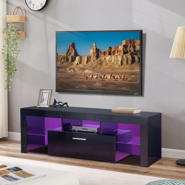 51''L RGB LED High Glossy TV Stand Console Cabinet with 2 Glass Shelf