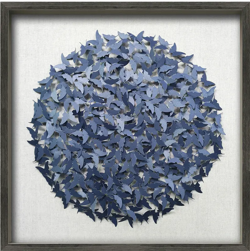 Blue Paper Butterflies with Dark Wood Frame Wall Art