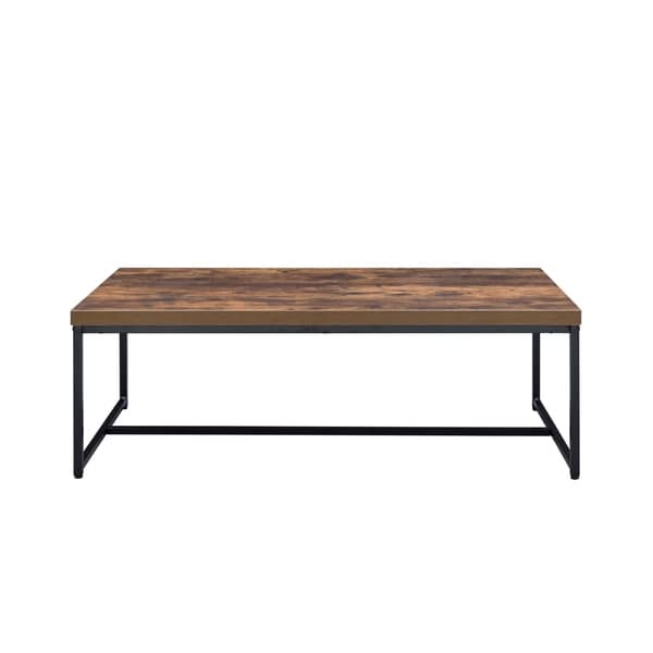 Metal Framed Coffee Table with Wooden Top， Weathered Oak Brown and Black