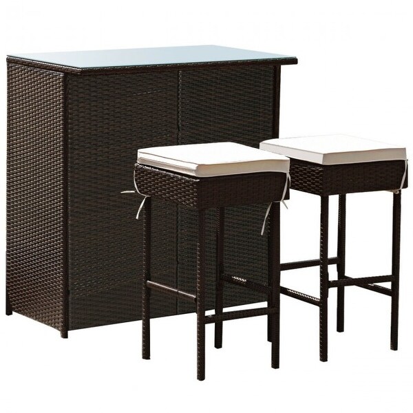 3-piece Rattan Wicker Bar Table Stools Dining Set Cushioned Chairs - 40