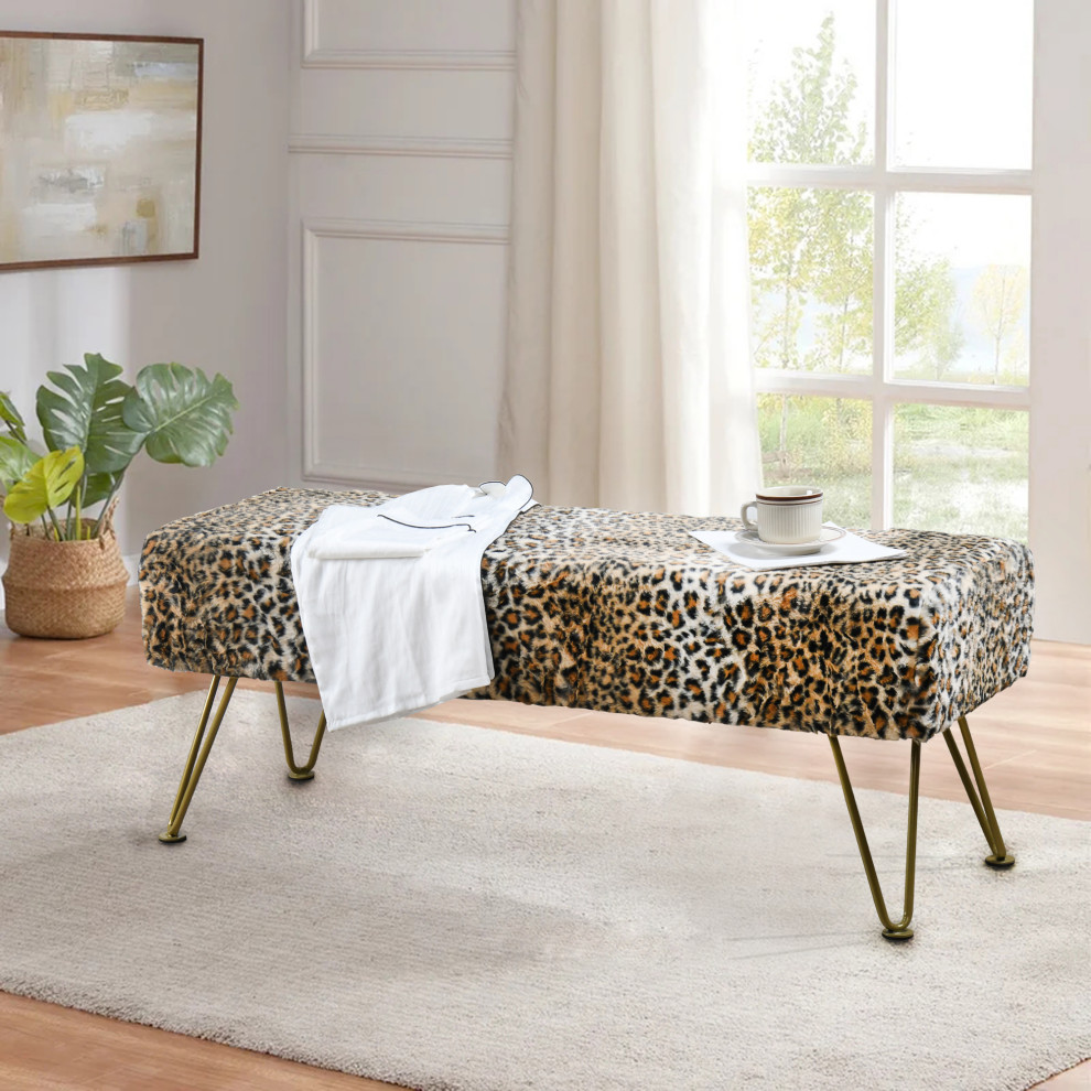 Leopard Faux Fur Bench With Gold Legs   Midcentury   Upholstered Benches   by BNF Home  Houzz